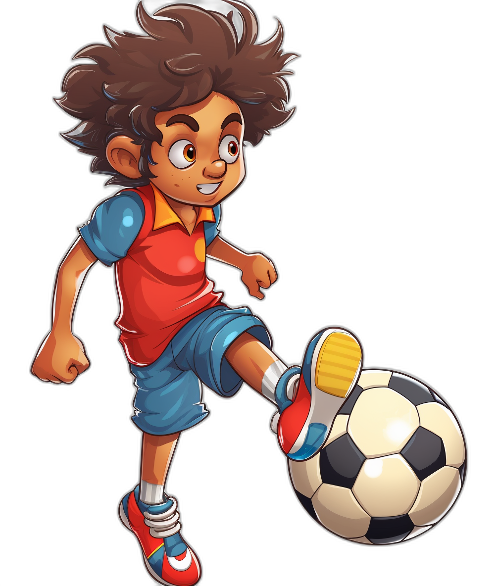 A cartoon character of a boy playing football, vector illustration, colorful, black background, wearing a red t-shirt and blue shorts with white shoes, brown hair.