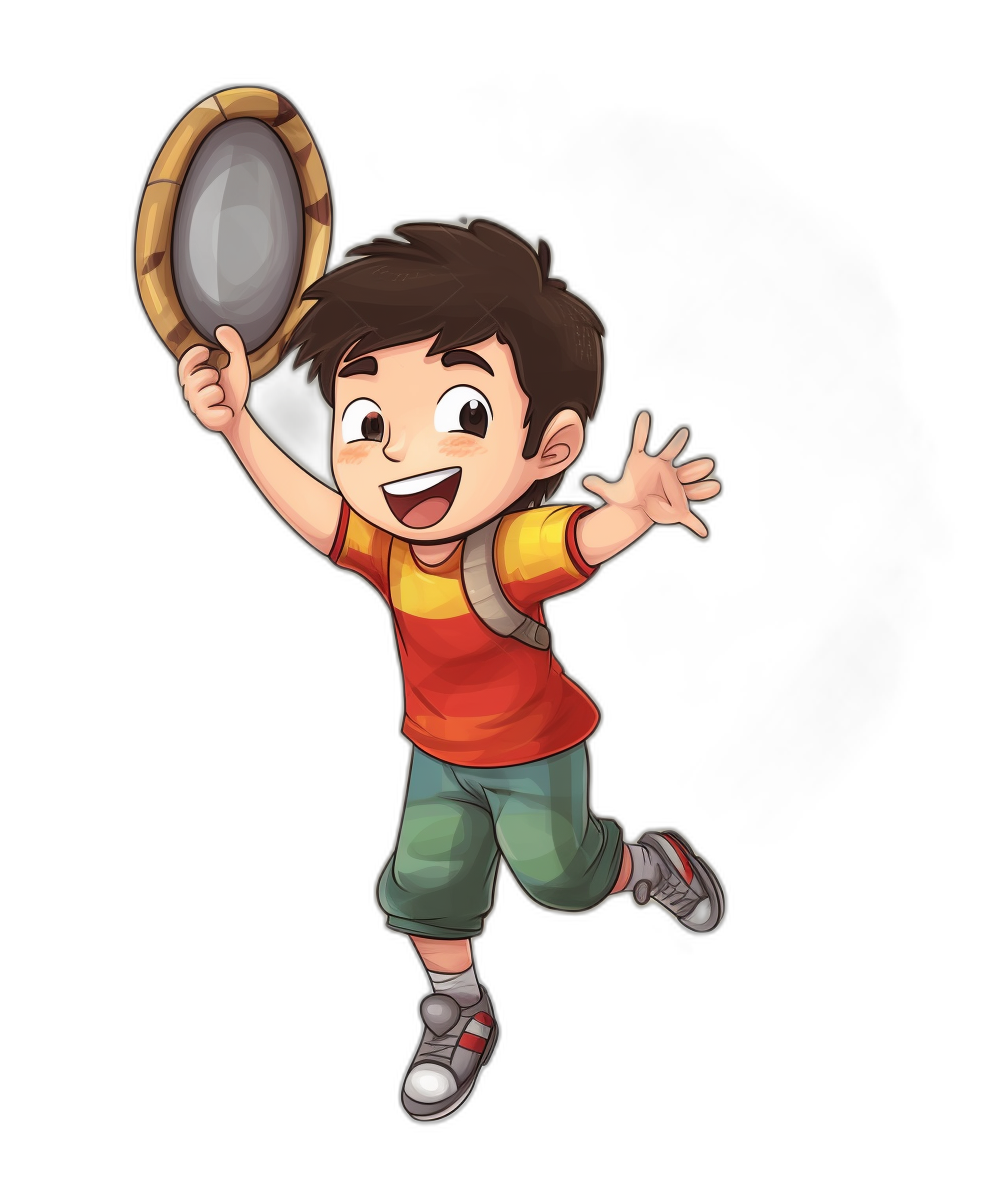 A cartoon boy is jumping with his hand raised, holding an old mirror in the other hand, with a happy expression, against a black background, in a simple style, wearing colorful , shown in a full body portrait, in the style of a game avatar illustration. In the style of Pixar.