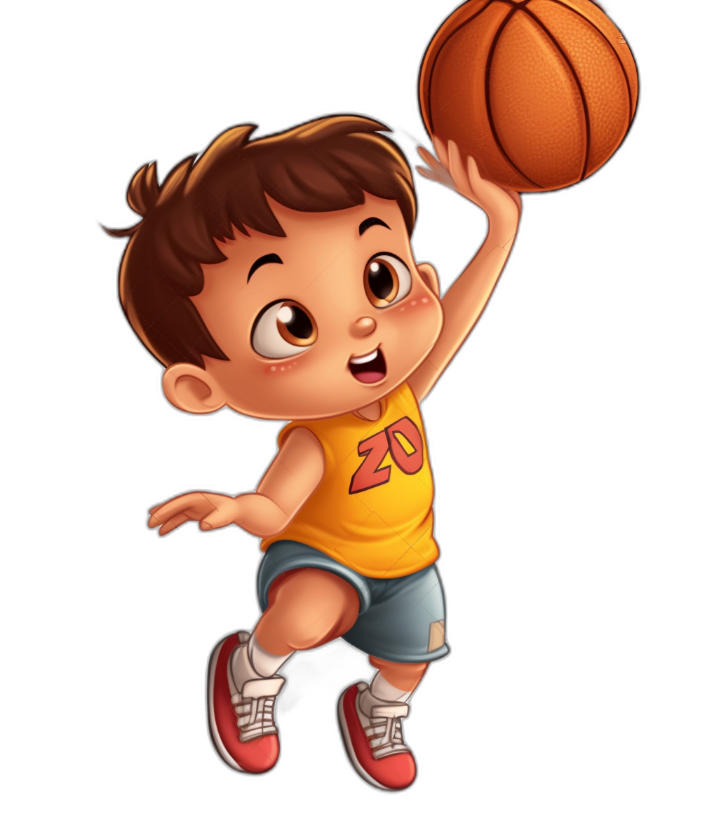 A cute cartoon boy is playing basketball in the style of a vector illustration on a black background. He is wearing a yellow shirt and red shoes as he jumps up to dunk the ball in his hand. The little girl has short brown hair, big eyes and a smiling face expression. She is wearing shorts and colorful  with bright colors, lively movements and sporty elements that convey vitality.