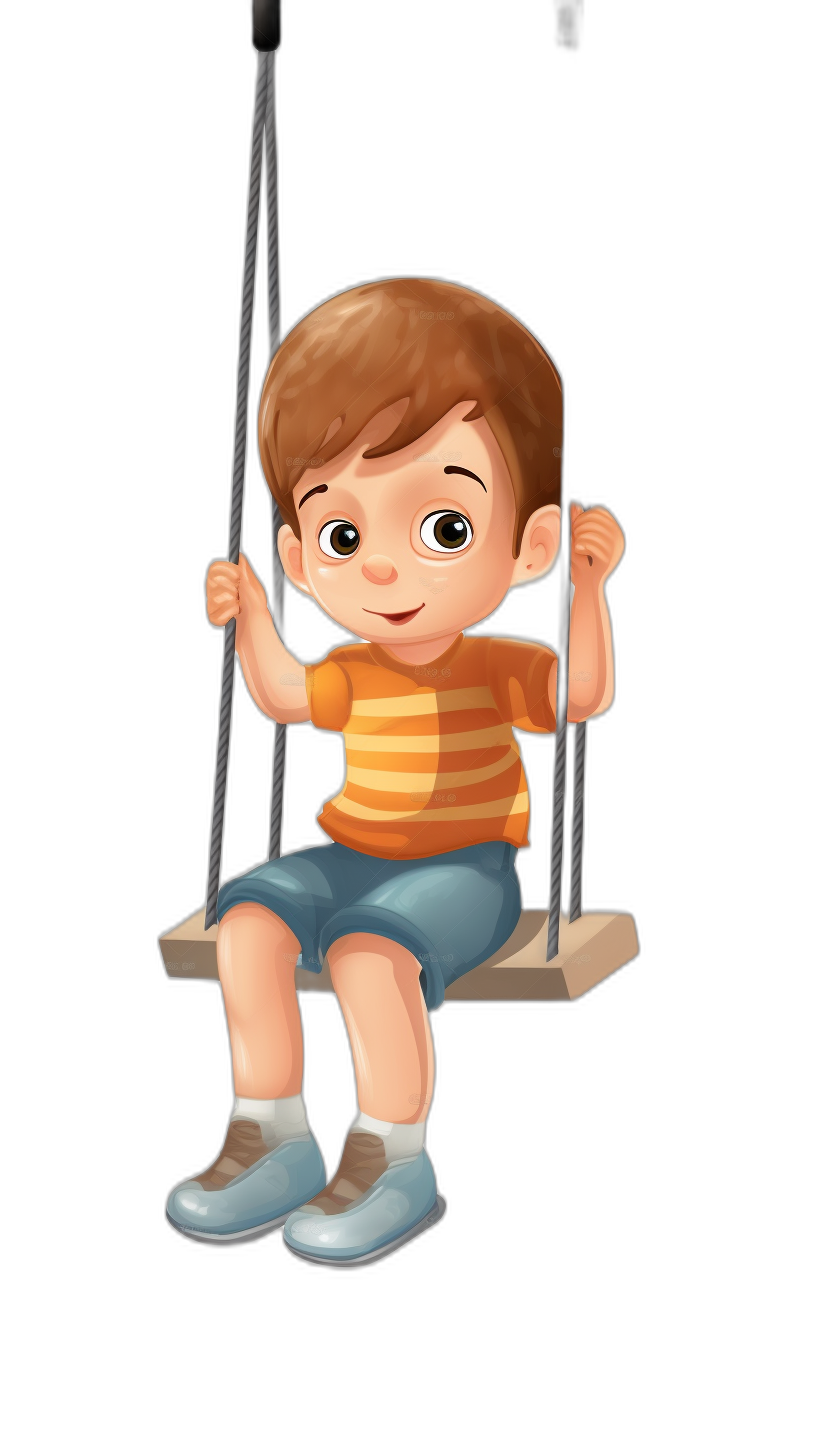 A cute cartoon boy sitting on the swing, simple facial features and hair style, simple background, flat illustration, black ground, simple details, cartoon character design, 2D game art, high resolution, high quality, high detail, best quality, best resolution, best colors, high contrast, bright color tones, colorful, solid color background, black background, full body portrait, high definition