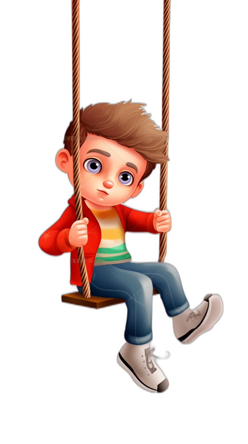 cartoon boy sitting on the swing, casual game style; black background; bright colors; in the style of Pixar; casual art