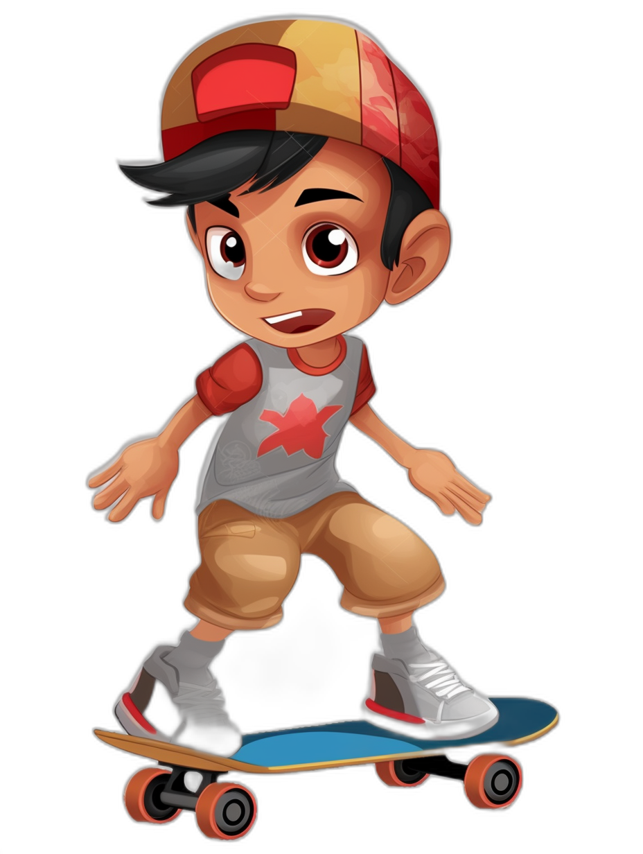 cartoon character of an Asian boy with a baseball cap, a grey shirt and a red X on his chest, brown shorts and white shoes, riding a skateboard, against a black background, vector art, low detail cartoon style, in the style of Pixar and Disney animation.