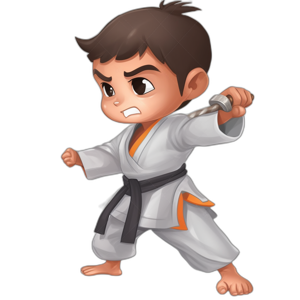 A young boy with short hair in a karate outfit, striking an action pose in the style of clipart, isolated on a black background, in a cute chibi kawaii style.