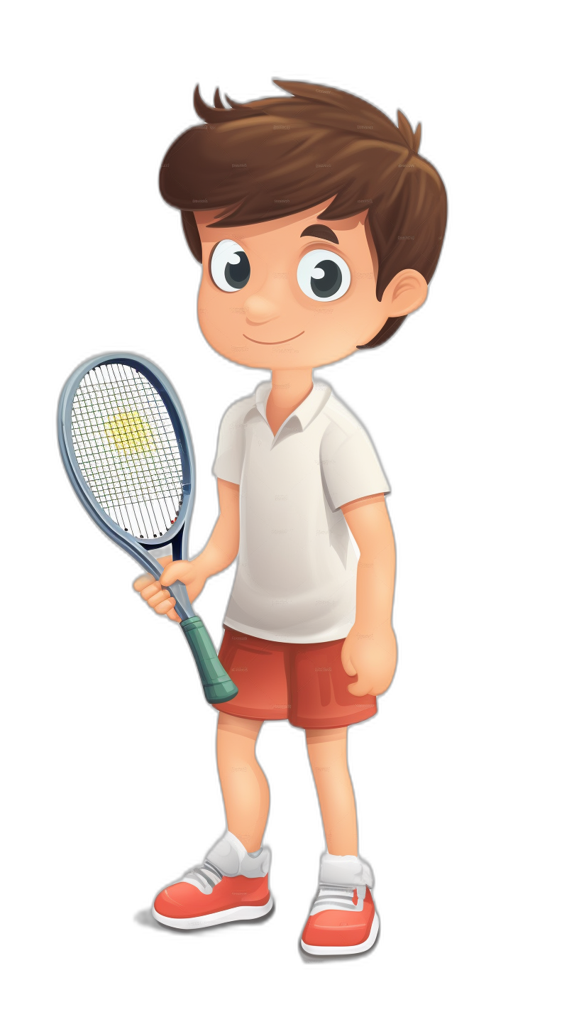 A cute boy holding tennis racket, simple facial expressions, flat illustration style with black background and white , red shorts, brown hair, cartoon character design, high quality, high resolution, Disney Pixar style, simple drawing, full body portrait, bright colors, bright smile. The little girl is wearing a shortsleeved sports shirt, sneakers on her feet, holding the racquet in one hand, ready to play tennis. He has big eyes that sparkle with energy as he stands tall against his dark backdrop. ,