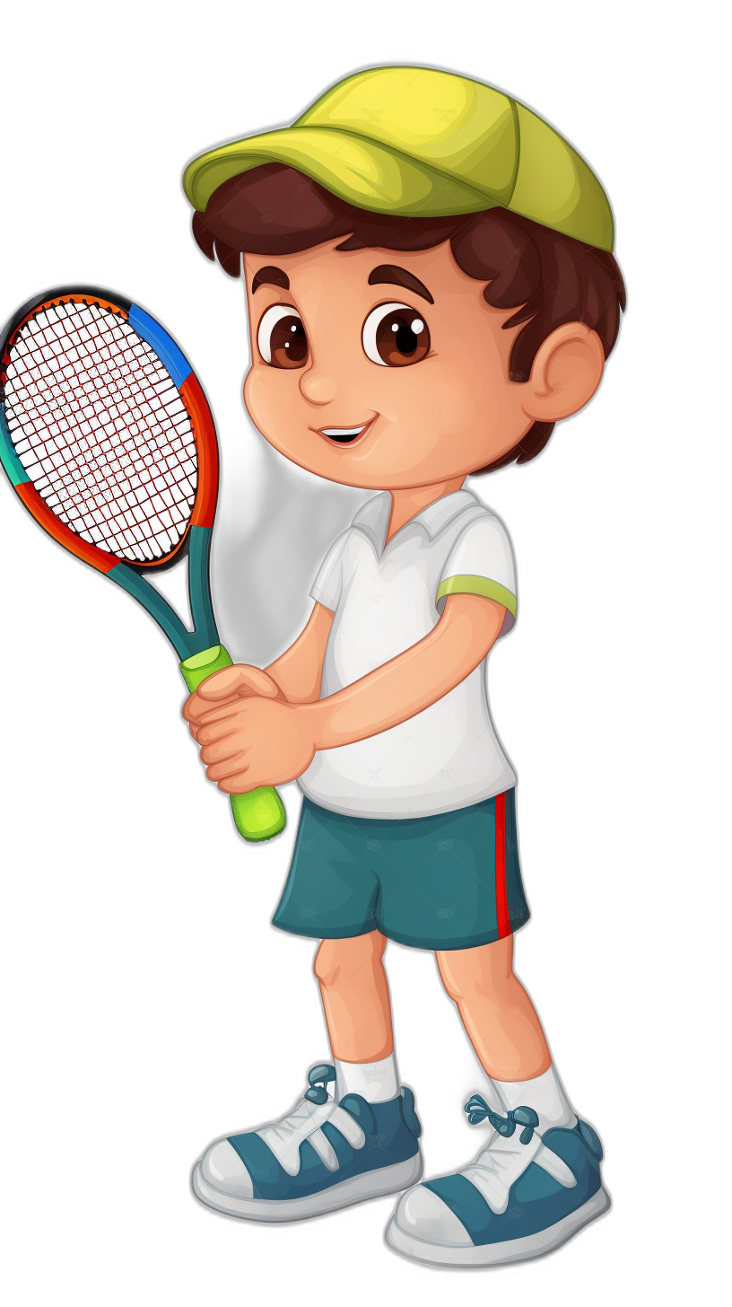 A boy holding a tennis racket in the style of a cartoon character design for children’s book illustrations on a black background, with a simple and cute full body depiction.