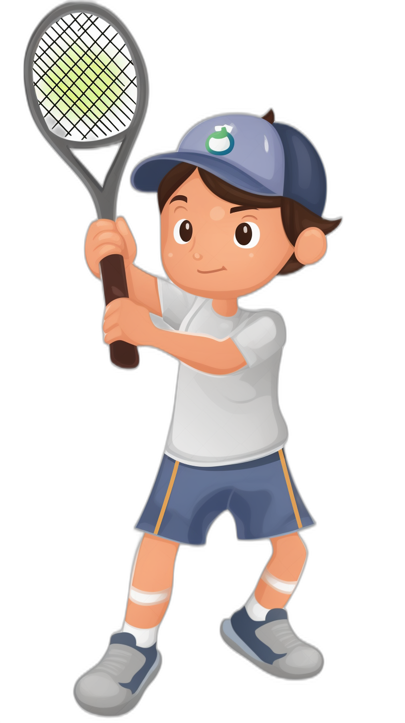 Cute cartoon vector style boy playing tennis, full body shot with black background, simple design, using flat color blocks with soft edges, white shirt and blue shorts, baseball cap on head, holding racket in right hand, confident expression with a smile, athletic posture and determined look. Black shoes. Vector illustration in the style of flat colors, vector art, no shadows or gradient shading.