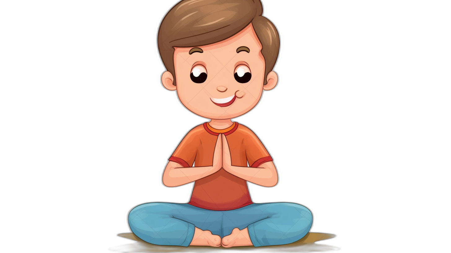 A cartoon boy doing yoga, with a simple drawing style and solid black background. The cute face has big eyes and a smiling mouth, as he sits in lotus position on the floor with folded hands together at chest level. The colors include a red t-shirt and blue pants. He has short brown hair. A cartoon illustration in the style of vector graphics.