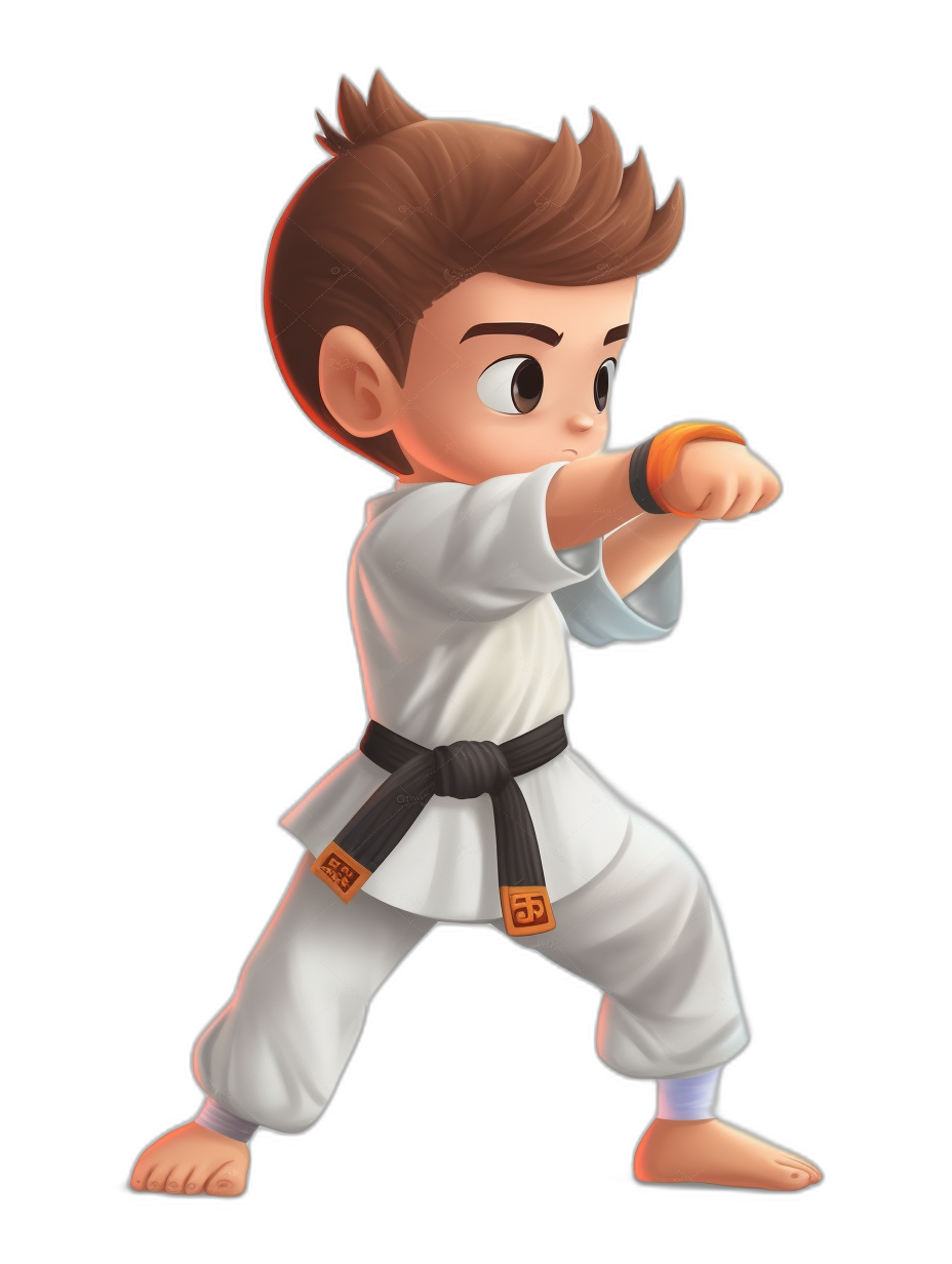 An illustration of a karate boy character wearing white pants, a black belt and brown hair in the style of Pixar animation on a black background. The cartoon should have detailed features, including expressive facial expressions and textures to add depth. Focus on capturing his dynamic pose while performing karate or other martial arts moves. Use vibrant colors like red, orange, yellow, blue and green to highlight details against an isolated black background.