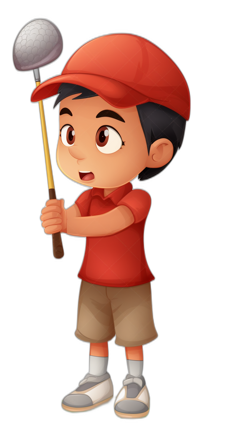 A cute little Asian boy, red cap and tshirt, holding golf club in hand, cartoon style, simple background, black color theme, simple design, full body shot, simple illustration, high resolution, high details, no shadow on the face, no reflection of light from the eyes, solid white skin tone, 2D art style, Pixar Disney Style, Black Background