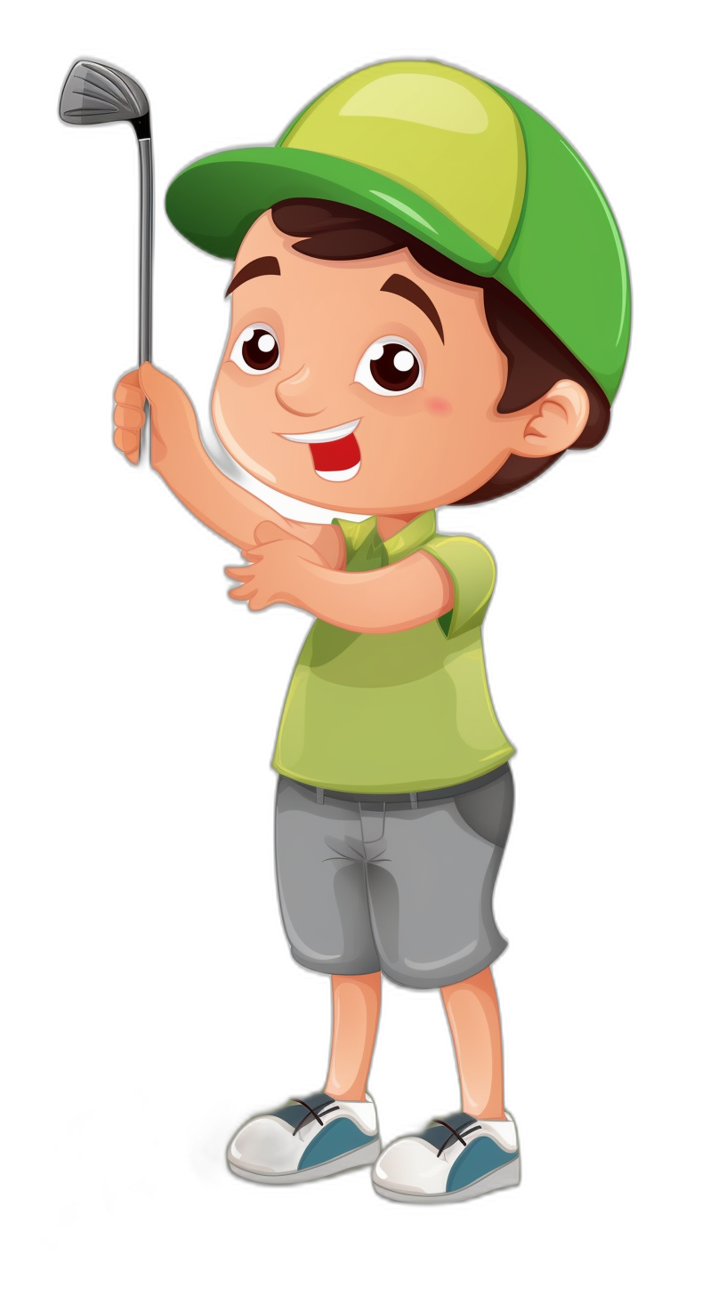 A cute boy playing golf in the style of a cartoon vector illustration with a black background, wearing a green cap and short grey pants, with a smiling face expression, holding the club in his hand while looking at the viewer in a full body view. The character is depicted in an adorable flat design with bright colors suitable for children’s book illustrations or digital art that captures its charming essence. Vector Illustration on a Black Background.