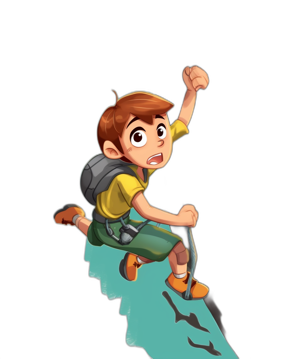 A cartoon boy climbing the mountain, game avatar illustration design in the style of pixar, simple clean black background, no outline, in the style of pixar.