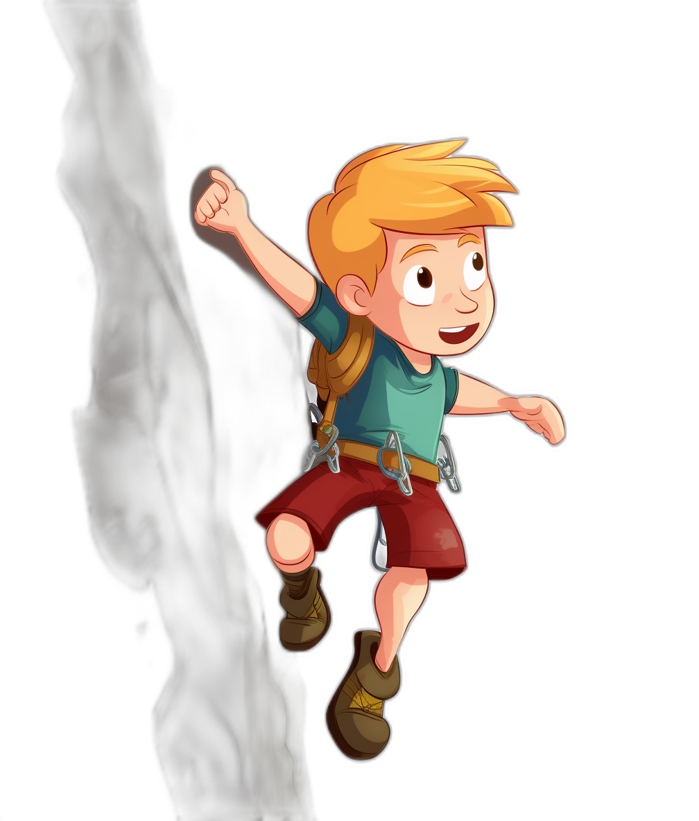 cartoon character of an adventurous boy with short blonde hair, wearing red shorts and a green shirt, climbing up the side of a dark cave wall, holding on and smiling in excitement. He is dressed for adventure, equipped with hiking boots and a backpack against a black background. Pixar style cartoon in the style of Pixar.