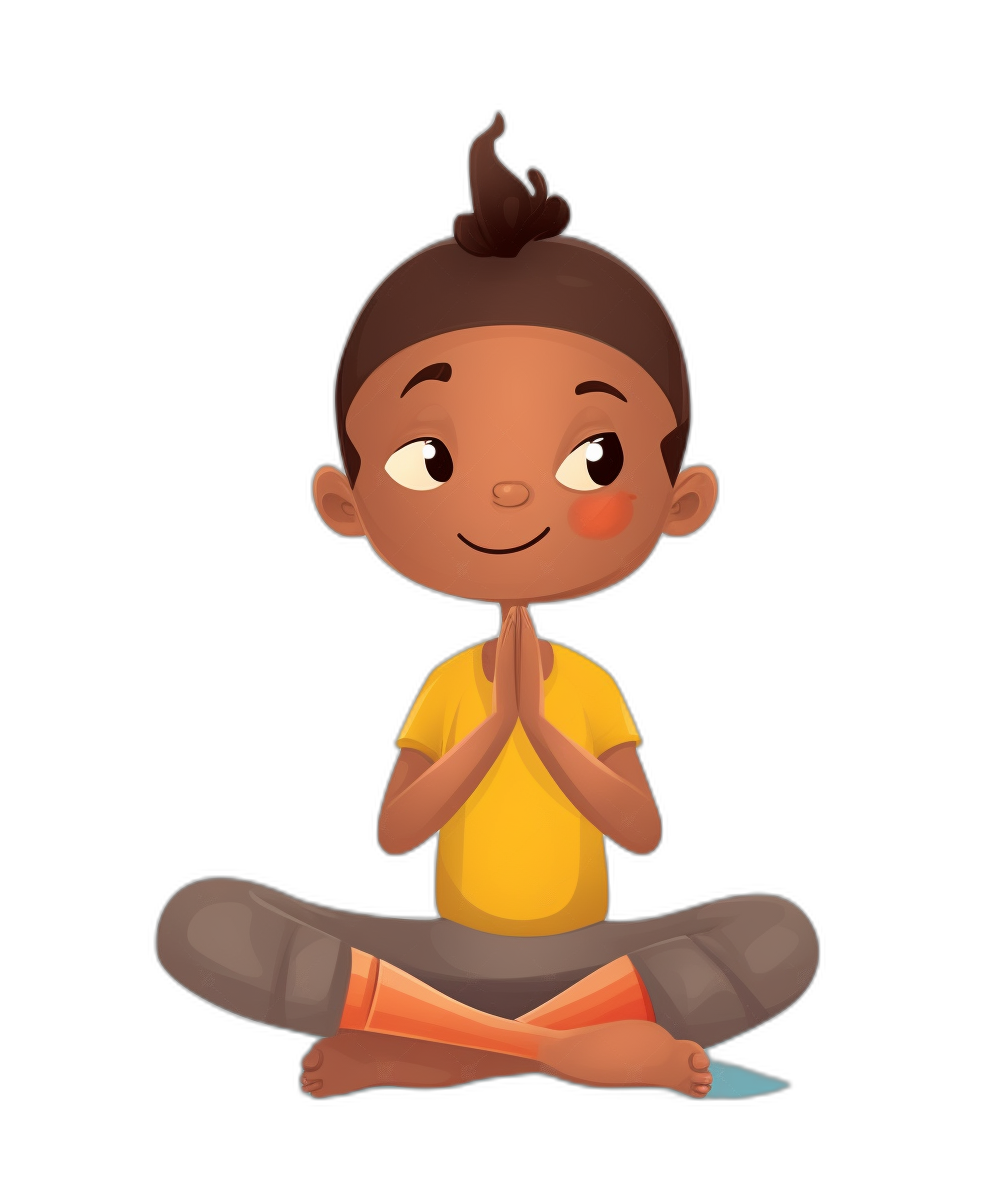 African American boy doing yoga in the style of a flat illustration. The simple design shows a cute cartoon character with friendly eyes and dark hair in high pigtails wearing an oversized yellow t-shirt sitting cross-legged on the floor facing forward holding hands together as if praying or meditating isolated against a black background.