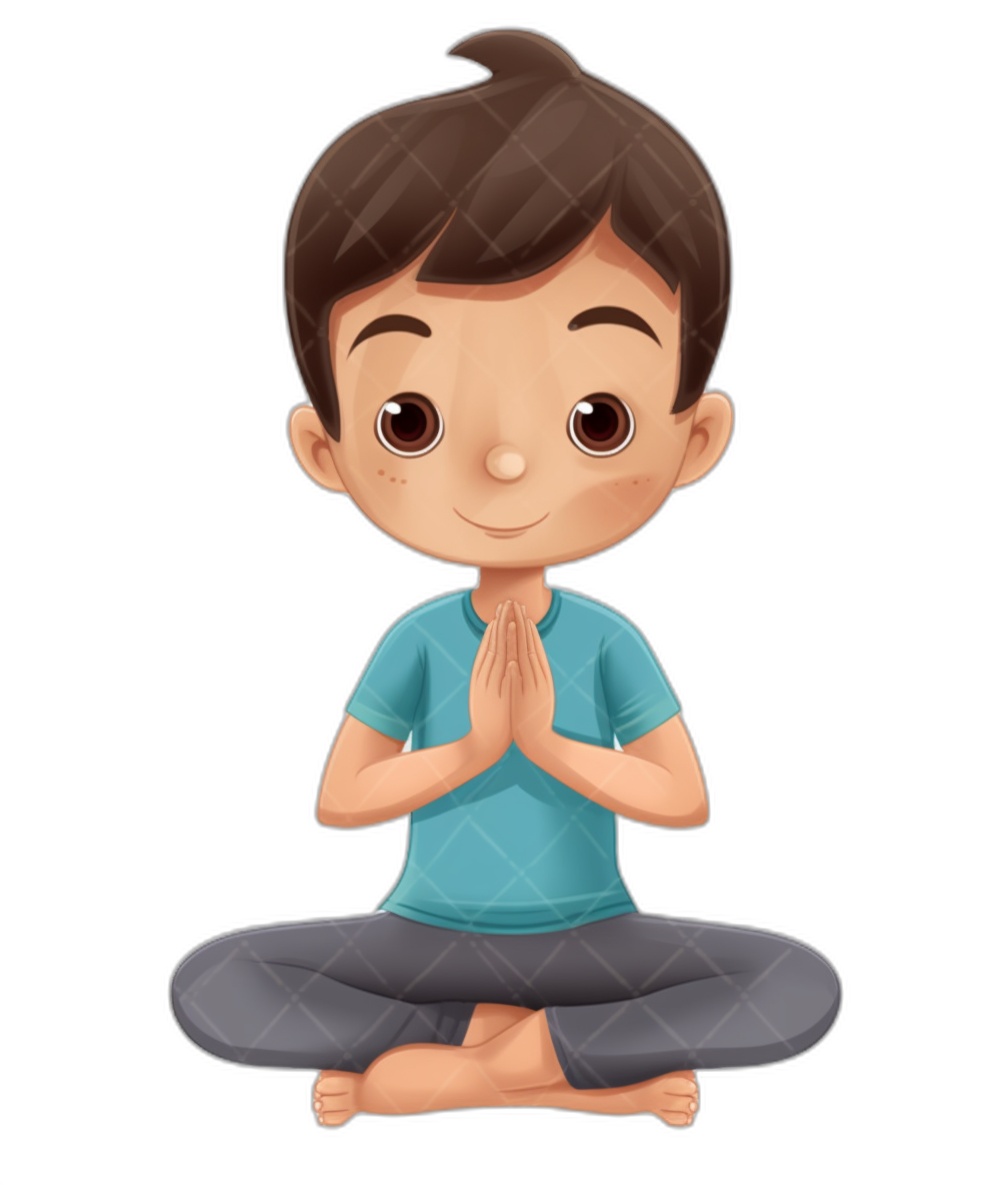 Cute cartoon boy doing yoga, sitting cross-legged with hands folded in prayer at the chest area, wearing a blue t-shirt and grey pants, on a simple black background, in the vector illustration style, with bright colors, 2D design, high resolution, with professional studio lighting, sharp focus, and detailed character illustrations.