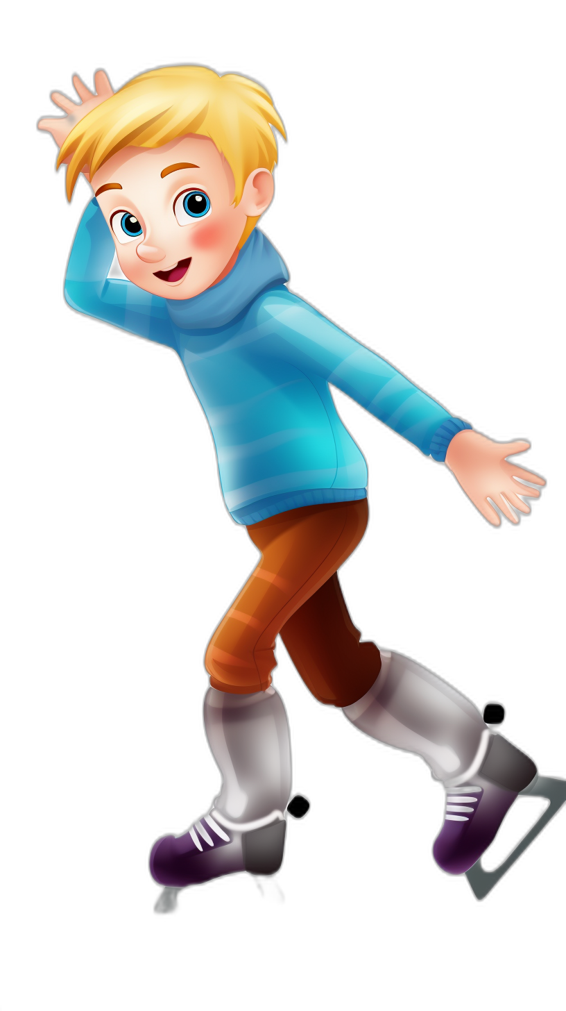 A cartoon boy with blonde hair, wearing a blue long-sleeved top and brown pants is ice skating on a black background, in the style of Pixar, with a simple, cute character design. He has white socks and purple figure skates. It is a full body shot with 3D rendering in a cartoon animation style on a black ground with high definition resolution.