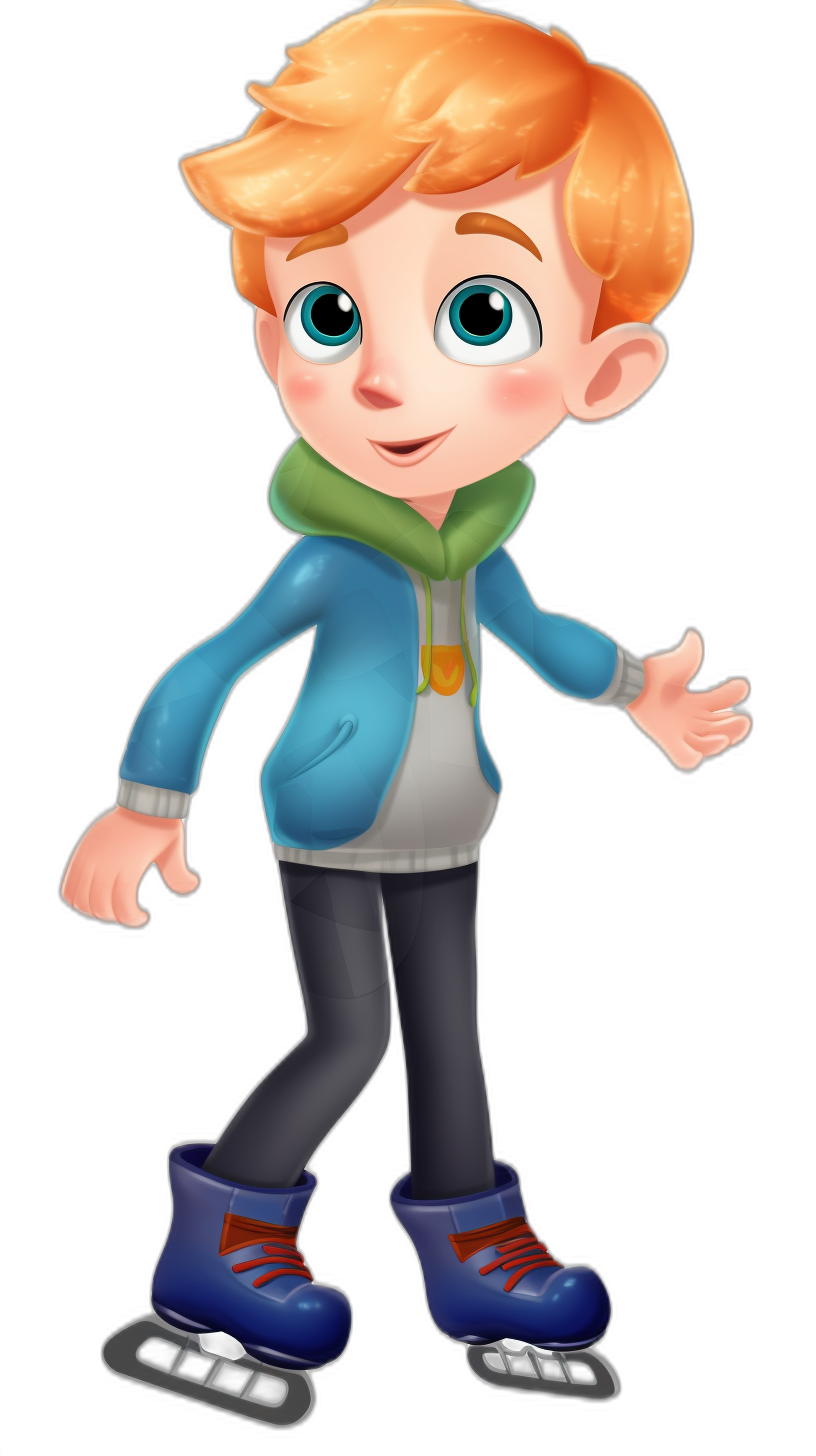 character design cartoon of a young boy with short ginger hair, a blue jacket and a green scarf on ice skates against an isolated black background.