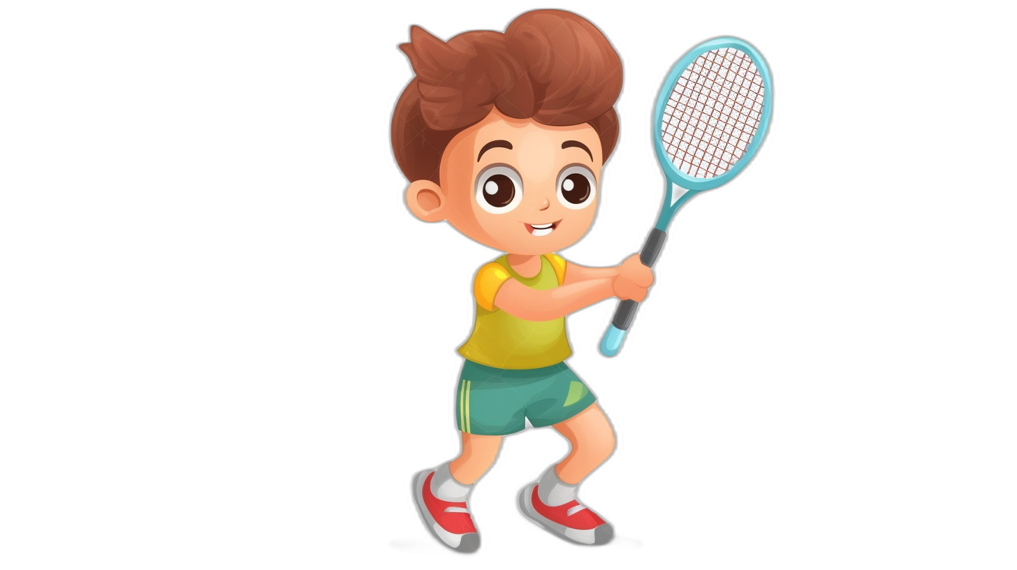 A cute little boy playing badminton in an illustration with a cartoon style and black background. The character is wearing sportswear and holding the racket in his hand ready to hit the shuttlecock. He has brown hair and eyes. There are no other elements on the design. It captures an energetic moment of play during sports activities in the style of sports activities. This artwork will be used for social media post graphics.