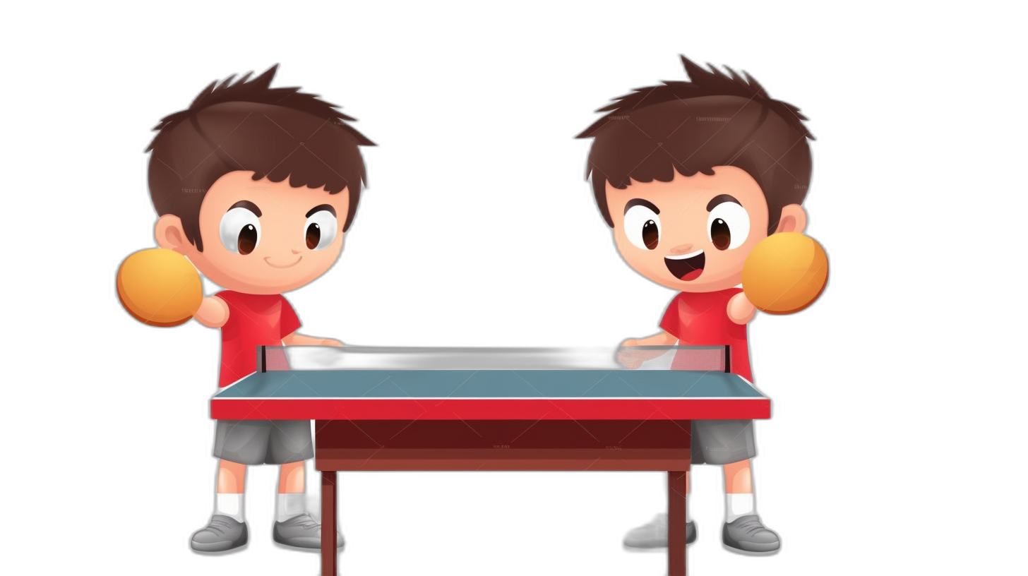 Two cartoon characters are playing table tennis, holding the ball in their hands and standing next to each other on both sides of the table against a black background. It is a front view, full body shot with high definition and high resolution. The simple design style has a solid color background. One character wears a red t-shirt and has short hair, in the style of a boy character design.