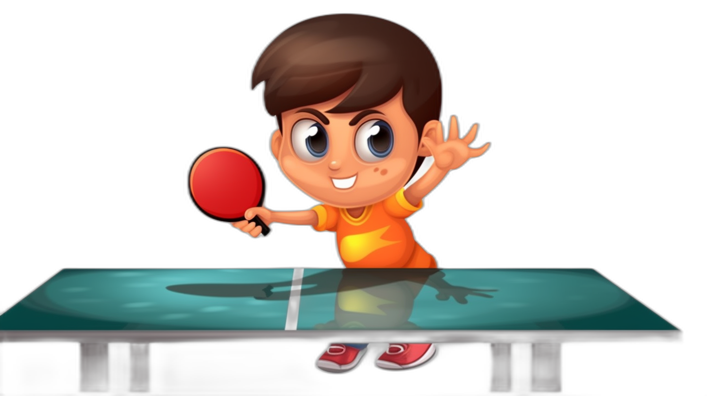 A cartoon-style kid playing table tennis in the style of Pixar on a black background as a game avatar. The front view of the character shows him holding a red paddle and waving it in an action pose to hit the ball on top of his head with two hands. The boy is wearing orange short sleeves and white sneakers, standing next to a blue glass pool table. He has big eyes and smiles happily. Cartoon Vector Illustration