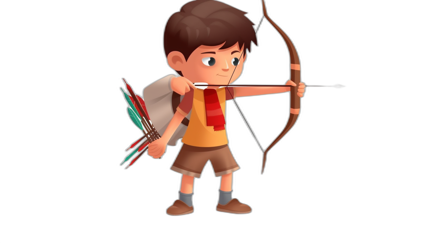 A boy with brown hair and short is shooting arrows, holding a bow in his hands, in the cartoon style, with a simple shape design, on a black background, like a game avatar, character illustration, 3D rendering. A cute little man holds an arrow bow on the side of him. The person has multiple poses and expressions. It’s like that for half body photos, 2D games, with a casual style of graphics.