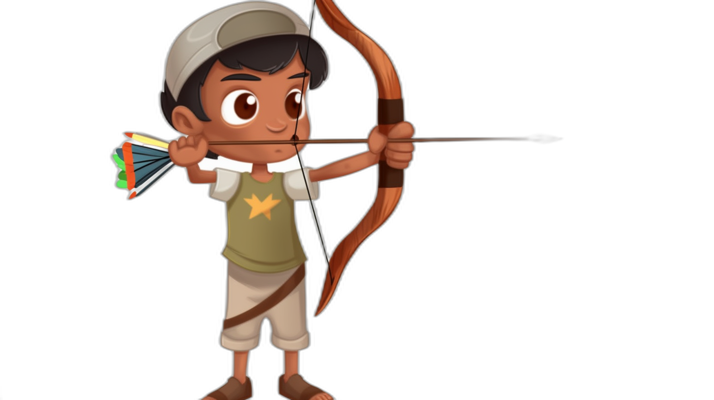 A young Indian boy with brown skin, wearing a white cap and green t-shirt is holding a bow in his hand to shoot arrows in the style of cartoon, full body shot, 2D game art, on a black background, high resolution, high quality, in the style of cartoon.