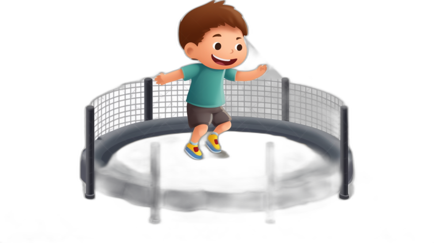 A cartoon-style boy jumping on the trampoline, 3D rendering, black background, high resolution. The character is depicted in casual  and has brown hair with blue eyes. He’s smiling as he jumps up into midair while wearing sneakers that match his outfit. A white net cover over him makes it look like an air bag underfoot. In front of him lies a large round dark gray metal frame of the horizontal rectangular shaped trampoline. The style is reminiscent of a cartoon artist.