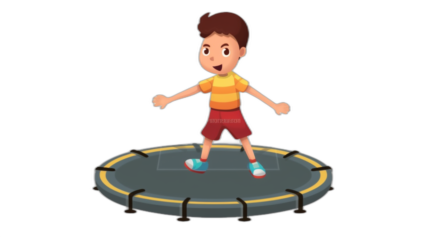 A boy is standing on the trampoline in a cartoon style vector illustration with a black background. The character has brown hair and is wearing red shorts, a yellow striped t-shirt and blue shoes in a simple flat design. He smiles while jumping in midair. A circular area under his feet shows signs of impact from him. This animation captures an energetic moment as he takes off across the ground on the round jump mat. No text or logo should be present. Vector Illustration