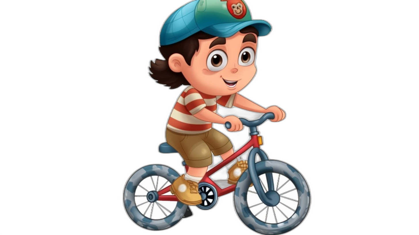 A cute cartoon boy is riding his bike, with a hat on and wearing shorts and a striped T-shirt. He has brown hair and big eyes. The bicycle’s wheels have blue painted patterns. Black background. In the style of Pixar.