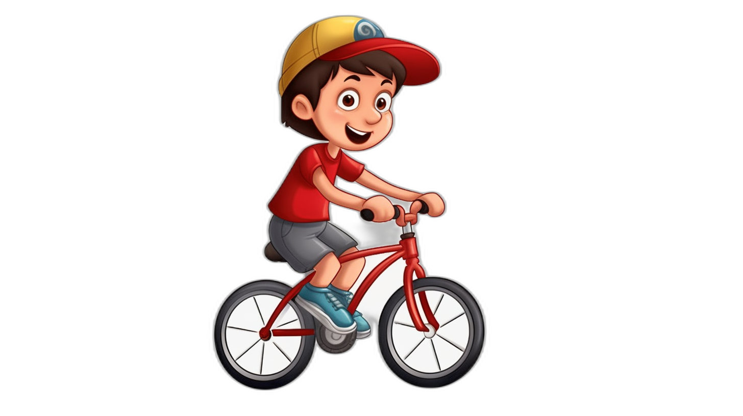 A cute boy riding a bicycle, wearing a red t-shirt and yellow cap in the style of a cartoon character against a black background.