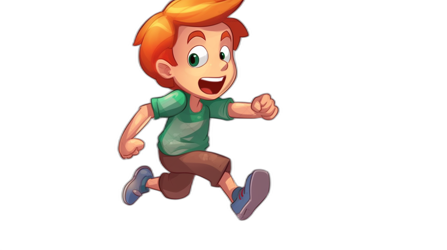 A cartoon character of a boy running. He has ginger hair and a green t-shirt with brown pants. He is happy and smiling. His shoes have blue laces. He looks like in the style of Gabi from the game Super Mario Bros. Black background. Cartoon style. 2D art.