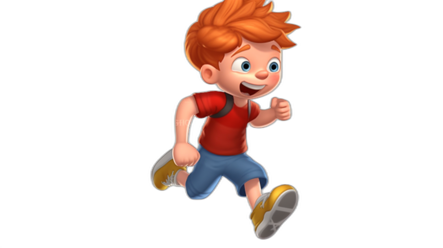 A cute little boy with red hair and blue shorts is running. The character design is in the style of Pixar with a black background. It is a full body shot of the boy wearing a red tshirt and yellow shoes with a happy expression, big eyes, and a smiling mouth. The details are simple with a cartoon rendering effect and bright colors in bright lighting. It appears to be a 3D model.