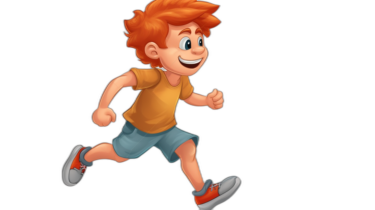 red-haired boy running and smiling in a cartoon character illustration style isolated on a black background, 8k ultra high detail in the style of Pixar.