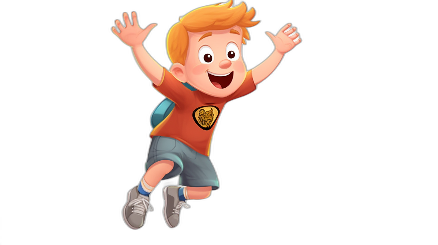 A cartoon boy is jumping with joy, wearing shorts and an orange shirt with the school emblem on his chest. He has blonde hair and is smiling wide in front of a black background. The illustration style should be colorful and playful, suitable for children’s book illustrations or animated film characters. Focus on fun details like exaggerated facial expressions and dynamic poses to capture the movement and energy. The style of the illustration should be in the style of playful and exaggerated children’s book illustrations or animated films.