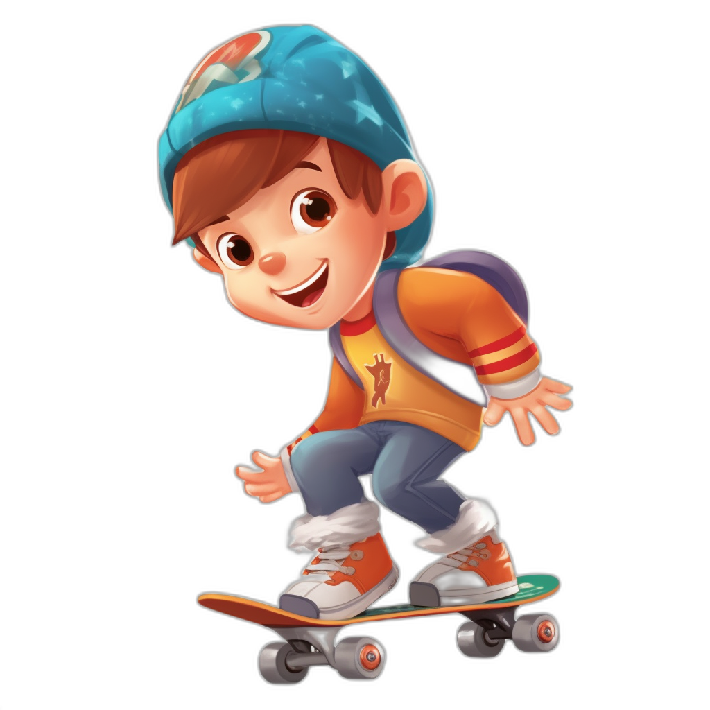 A cartoon boy is skateboarding, wearing sports shoes and sportswear with bright colors on his cap. He has short brown hair, big eyes, a smiling expression, and is portrayed full body against a black background with high definition resolution, bright lighting, cool movements, vitality and in a lively style.