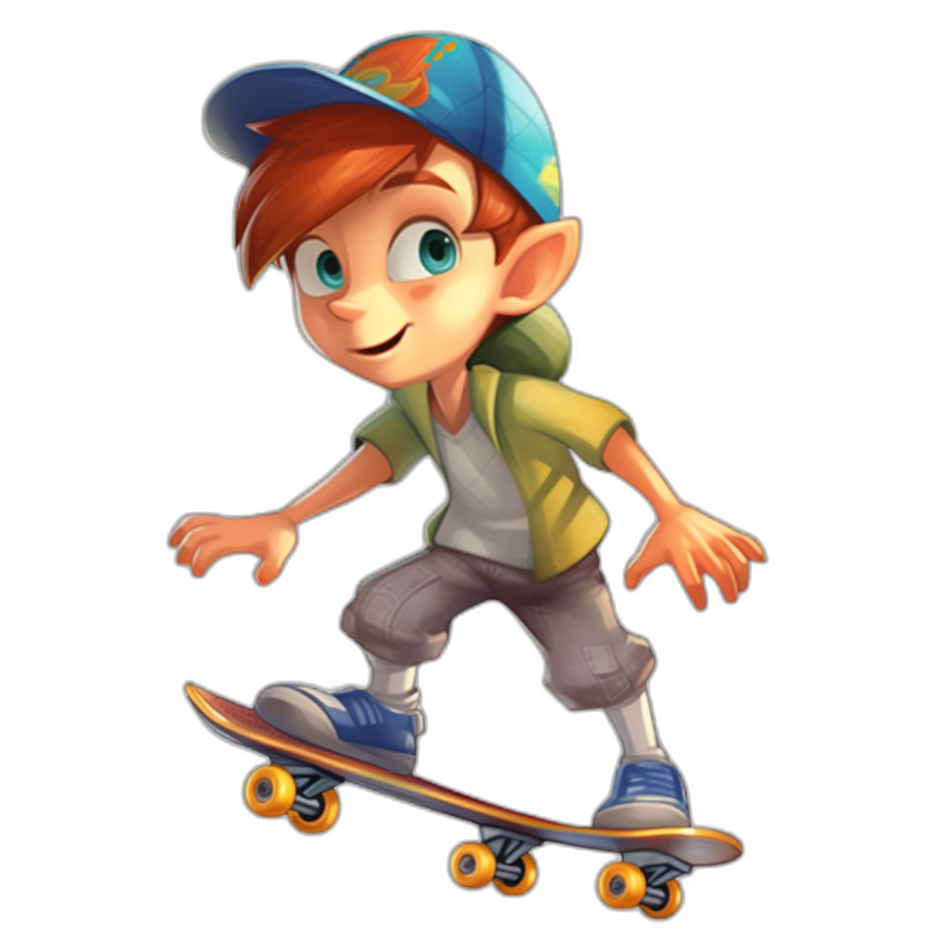 A cartoon-style boy character on his skateboard, wearing casual  and a blue cap, vector illustration with a black background. He has short brown hair and bright green eyes. The skateboard is in motion under the feet of the young man, with orange wheels visible from below. A playful expression adorns his face as he glides across the floor in the style of Pixar.