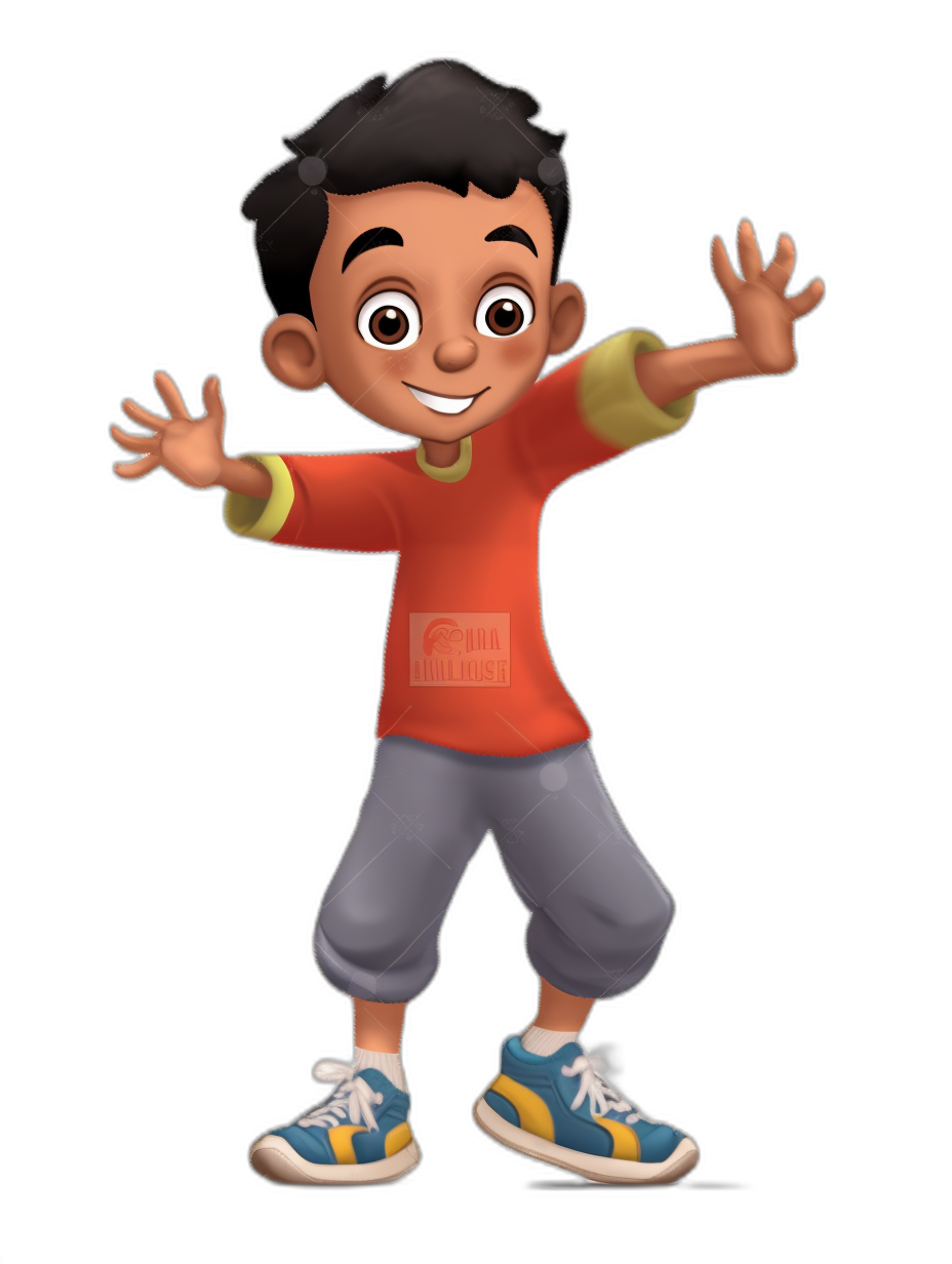 A full body shot of a happy, cute Indian boy wearing a t-shirt and jeans with shoes, smiling in the style of Pixar on a black background. The character is waving at the camera while standing up straight and looking directly into the frame with his hands open like he’s saying hi to someone. He has short hair. His outfit has bright colors and details, he wears blue sport sneakers. Black flat color background. Full body shot.