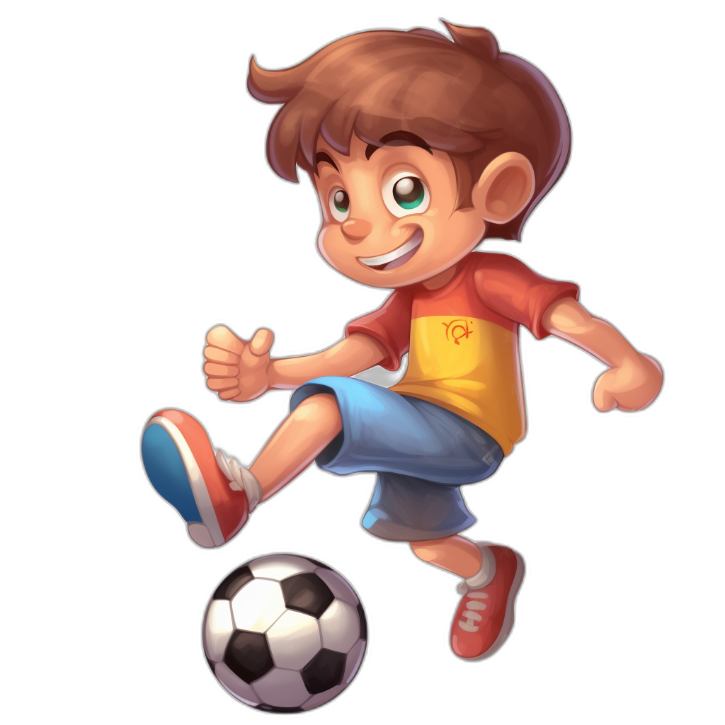 cartoon style, young boy kicking a soccer ball, happy facial expression, black background, casual game art, in the style of Pixar