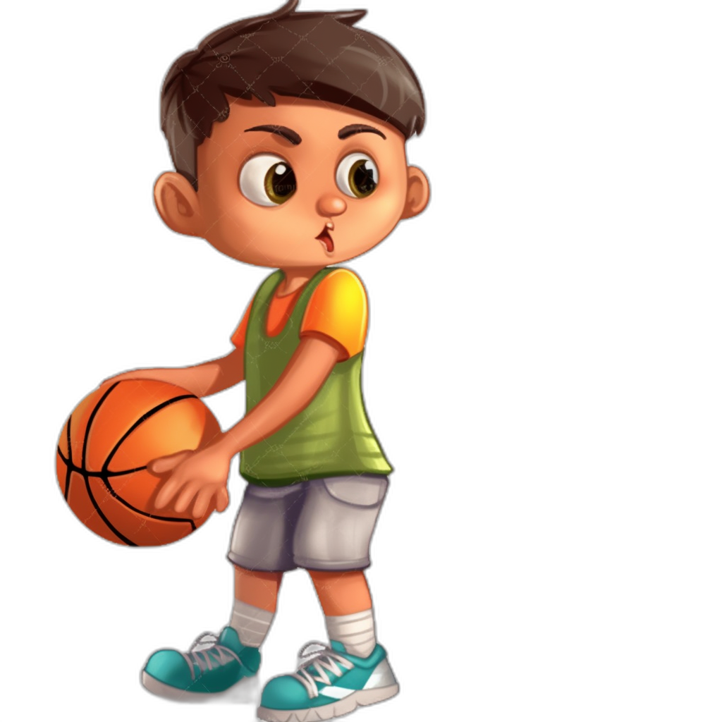 A cute cartoon boy playing basketball with a simple drawing style on a solid black background with simple details. He is wearing colorful  with a happy expression, holding the ball in his hand and ready to shoot. He is wearing white shorts with green sneakers. The character has brown hair and big eyes in the style of Disney, with a full body shot.