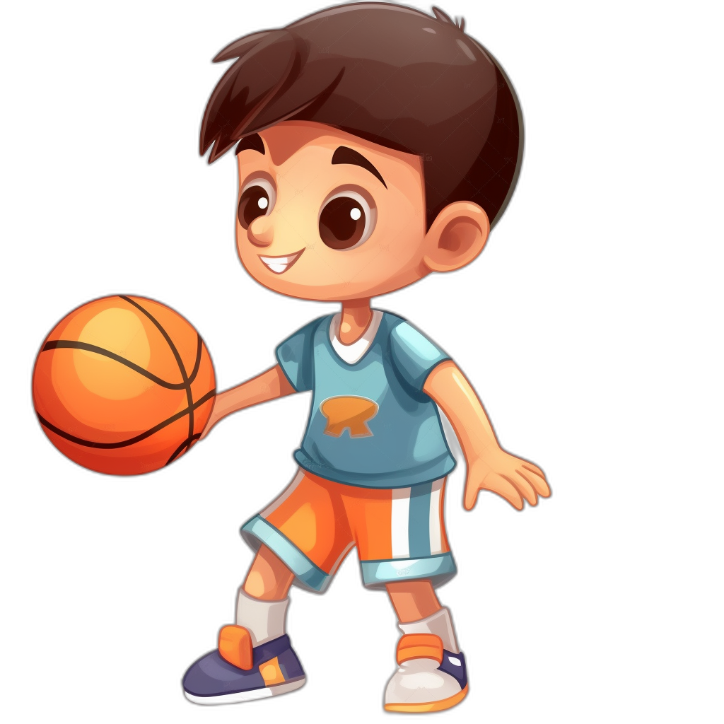 A cute cartoon boy playing basketball in a simple vector illustration against a black background with simple details and a cute character design. He is wearing a blue t-shirt and orange shorts with sports shoes. He has big eyes and a smiling face expression in a full body shot. The style is simple and flat with graphic design elements like simple lines and solid color blocks for a clean, high definition picture.