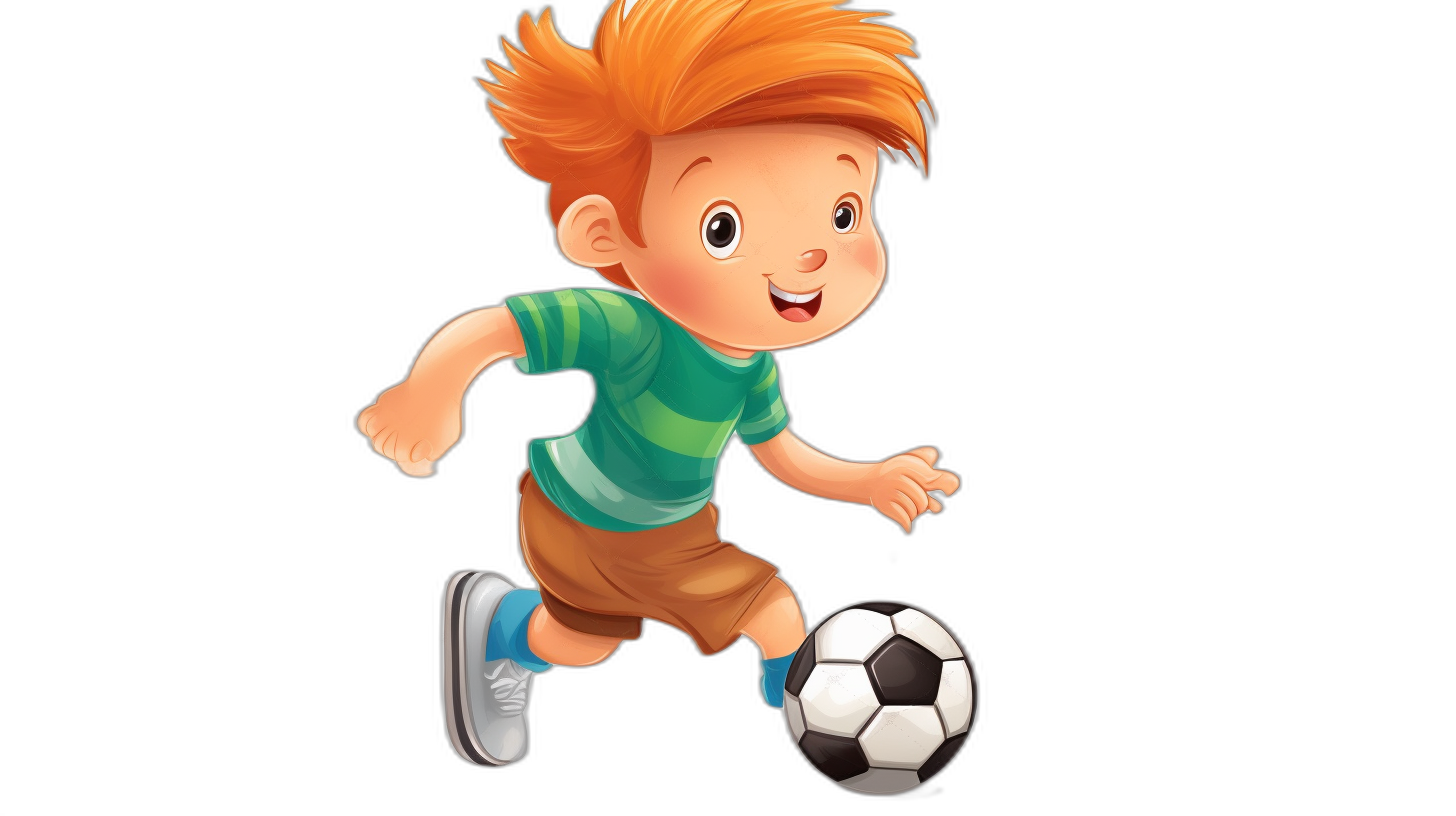 illustration of a young boy with ginger hair playing soccer in the style of Pixar, in a cartoon style with a black background and cute character design.