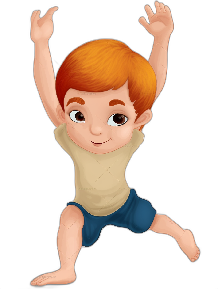 cartoon illustration of an adorable little boy with ginger hair, wearing blue shorts and a beige t-shirt doing gymnastics on a black background, in the style of Pixar, full body portrait, high resolution, high detail, cute face features, a happy expression in the eyes, a cute pose with arms raised above head