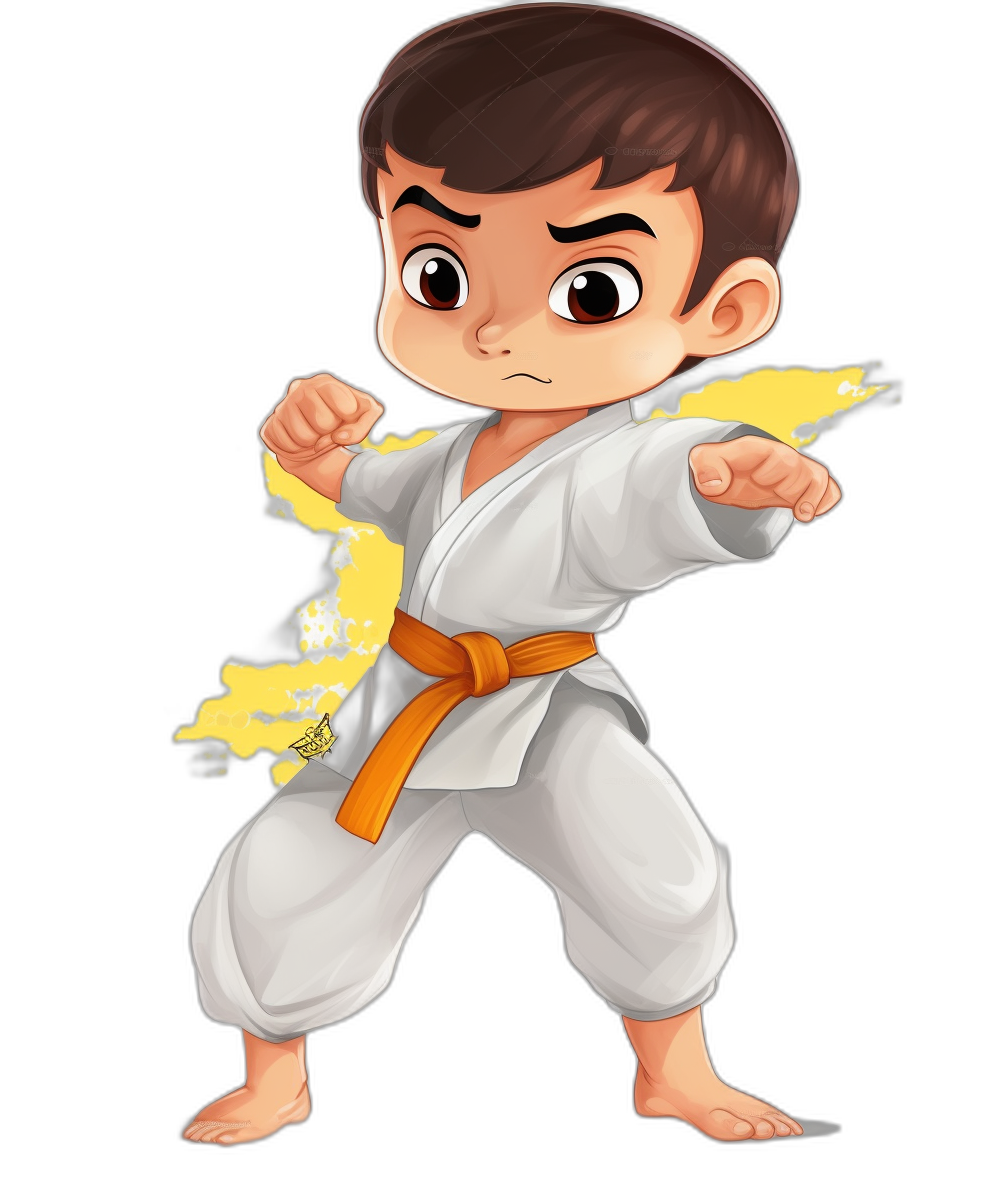 cartoon drawing of karate boy in white gi with orange belt, doing yellow punch, black background, chibi style