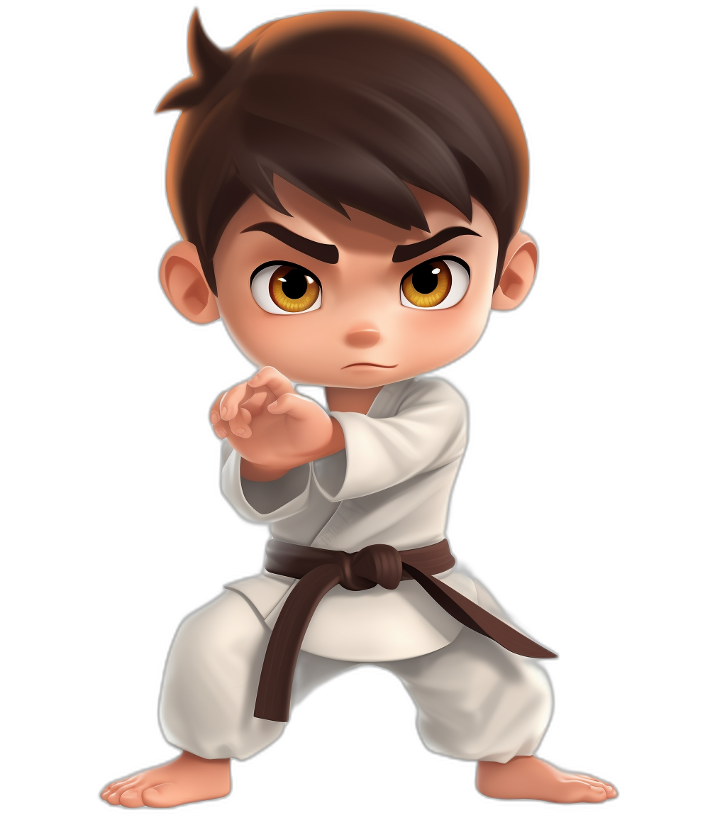 cartoon chibi style of an Asian boy with brown hair, yellow eyes and white karate outfit with black belt doing side kick pose on plain background. The art is in the spirit of Disney Pixar animation and digital cartoon art. Black background. No shadows or lighting. Full body.