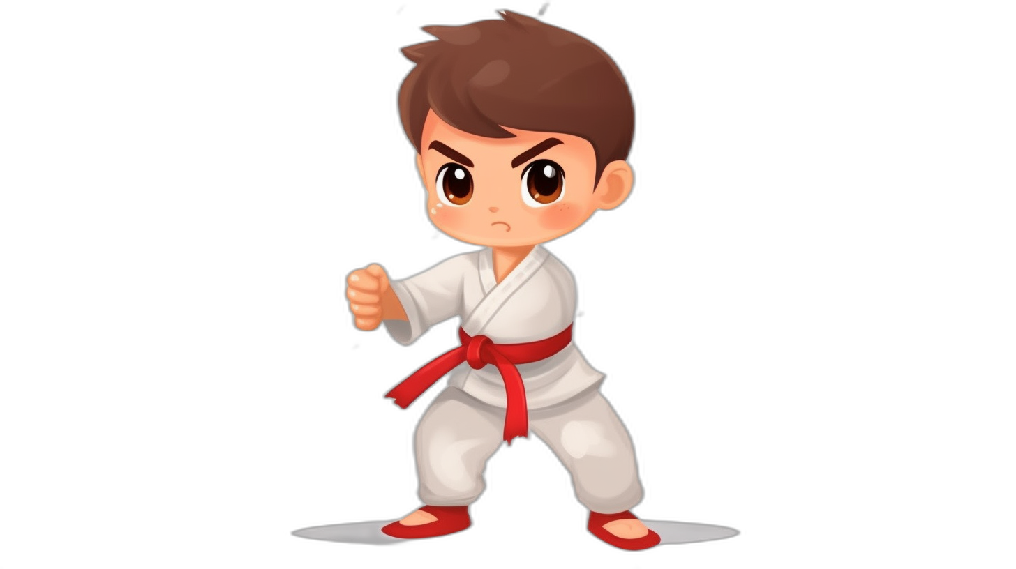 A cute boy in karate outfit, simple chibi style with black background, vector illustration, flat design, full body shot, kung fu pose, brown hair and eyes, white robe with red belt, high resolution, no shading detail or shadows, cartoon character concept art, simple yet expressive facial features, dynamic fighting stance