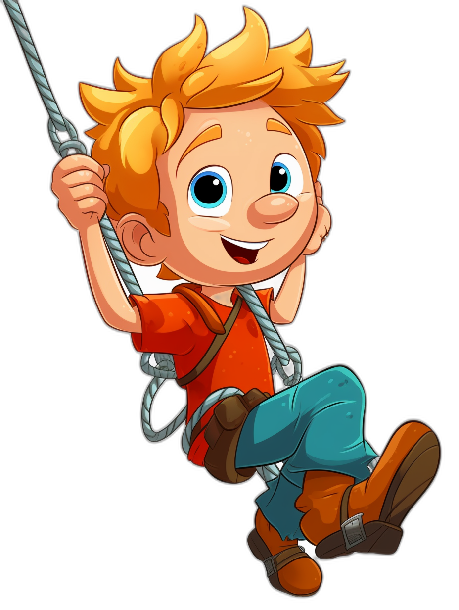 cartoon character of a happy boy with orange hair and blue eyes, swinging on a rope swing, wearing a red shirt, jeans pants and brown shoes, against an isolated black background, in the style of Pixar.