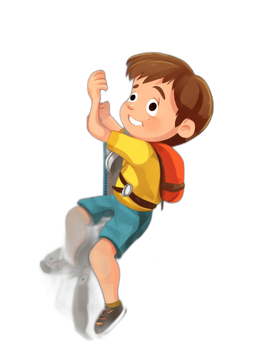 Cute cartoon boy climbing on black background, character design for mobile game, wearing colorful shorts and yellow shirt with backpack hanging from his back while he’s in the air holding onto rope. He has brown hair and is smiling