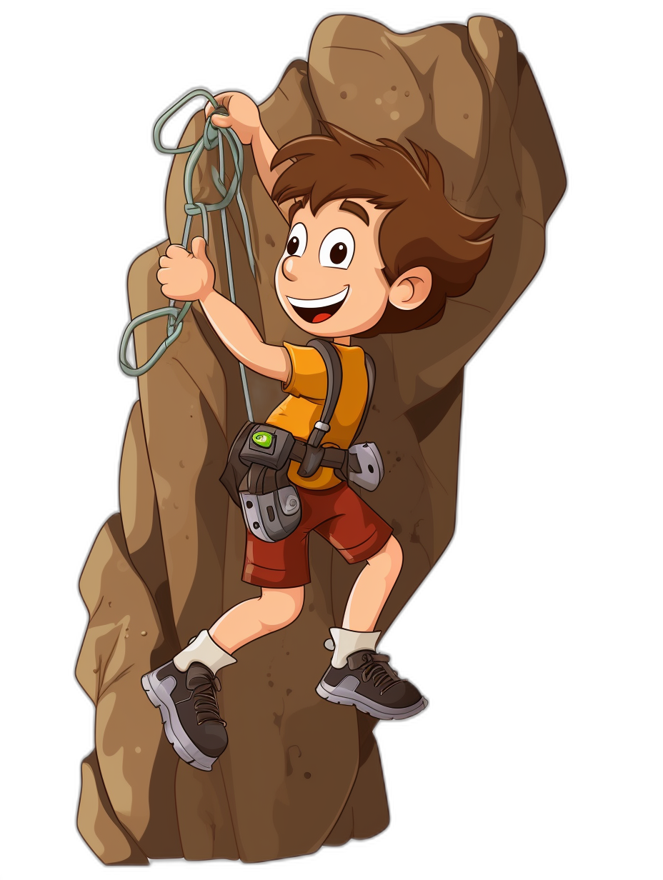 cartoon boy climbing rock with ropes and gear, in the vector style, isolated on black background, clip art for a cartoon game character, with no text or letters in the design, at a high resolution, with high detail, high quality, and high sharpness, high definition