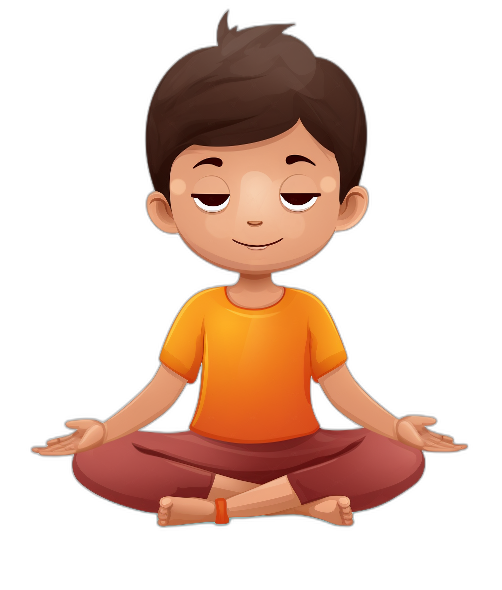 Cute cartoon boy sitting in a lotus position, vector illustration on a black background, no shadows under the body, no details around the character, simple style, colorful , hands spread out and eyes closed, smiling face expression, fullbody portrait of a young man with short hair wearing an orange t-shirt, dark red pants, in a yoga pose, calm atmosphere, meditation concept, in the style of a children’s book illustration with a simple flat color background, simple outline for a cutout sticker design, no shadow behind the person.