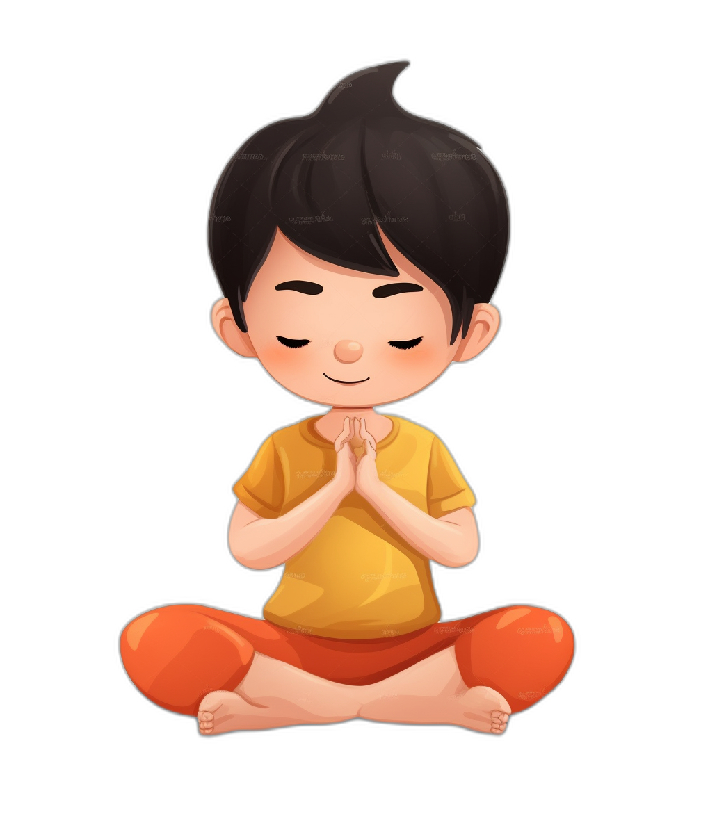 A cute little Asian boy is sitting cross-legged, with his hands clasped together and eyes closed in prayer. He has short black hair and wears an orange T-shirt. The background of the illustration should be pure white or transparent. Flat cartoon style in the style of black solid color background.