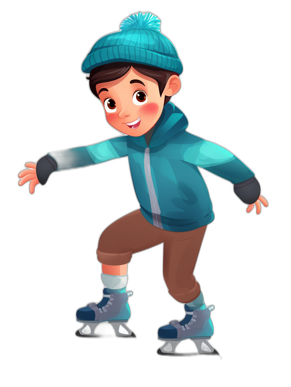 A boy wearing a blue jacket and brown pants, with ice skating shoes on his feet, in the style of a cartoon character with a flat illustration, on a black background, cute, with simple lines, in a 3D, Pixar animated style, cute and adorable, with high definition and high resolution, colorful, in the style of Disney, a full body portrait, wearing a hat on his head.